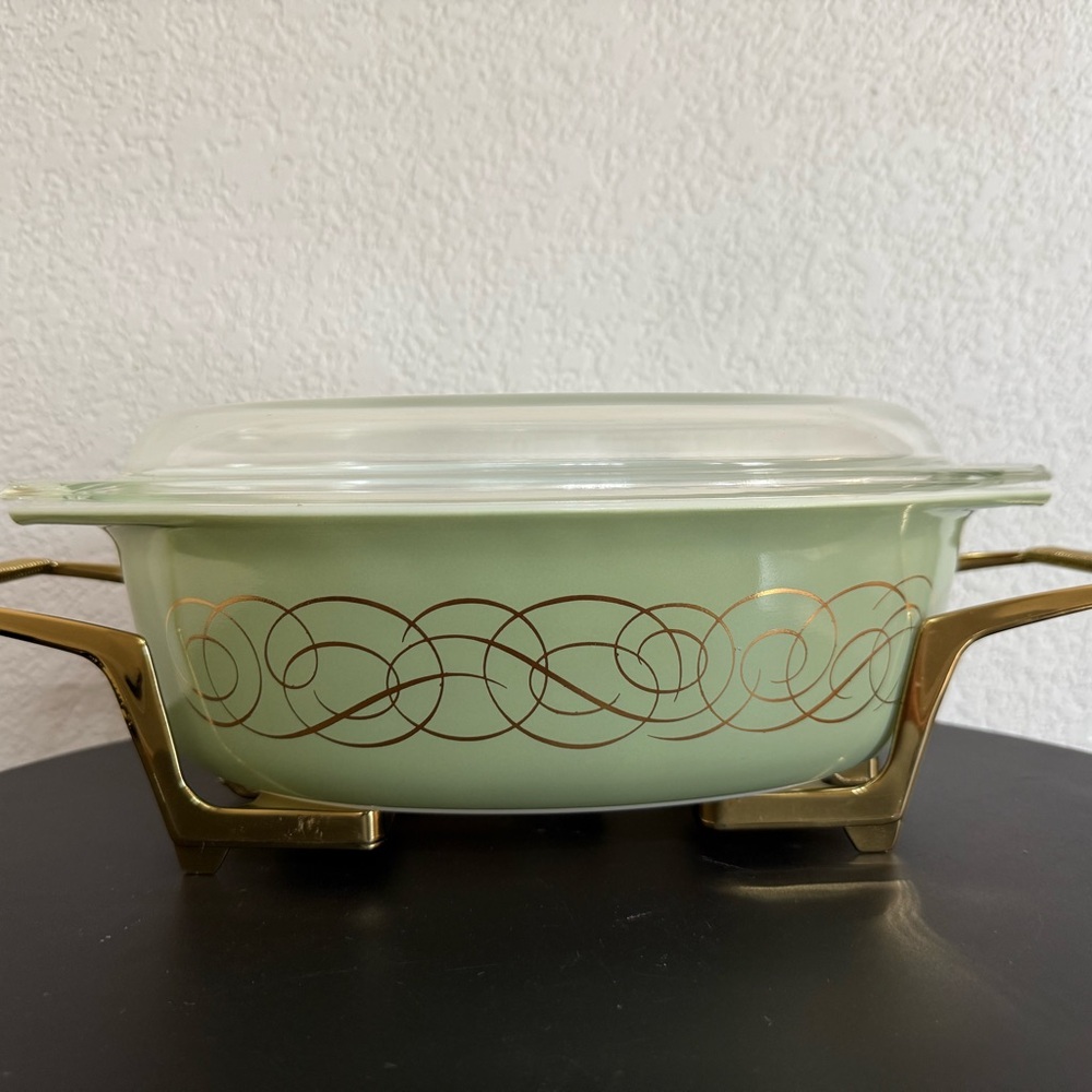 1962 Vintage Pyrex Golden Scroll Casserole Set - Light Green with Gold Accents - Picture 3 of 9